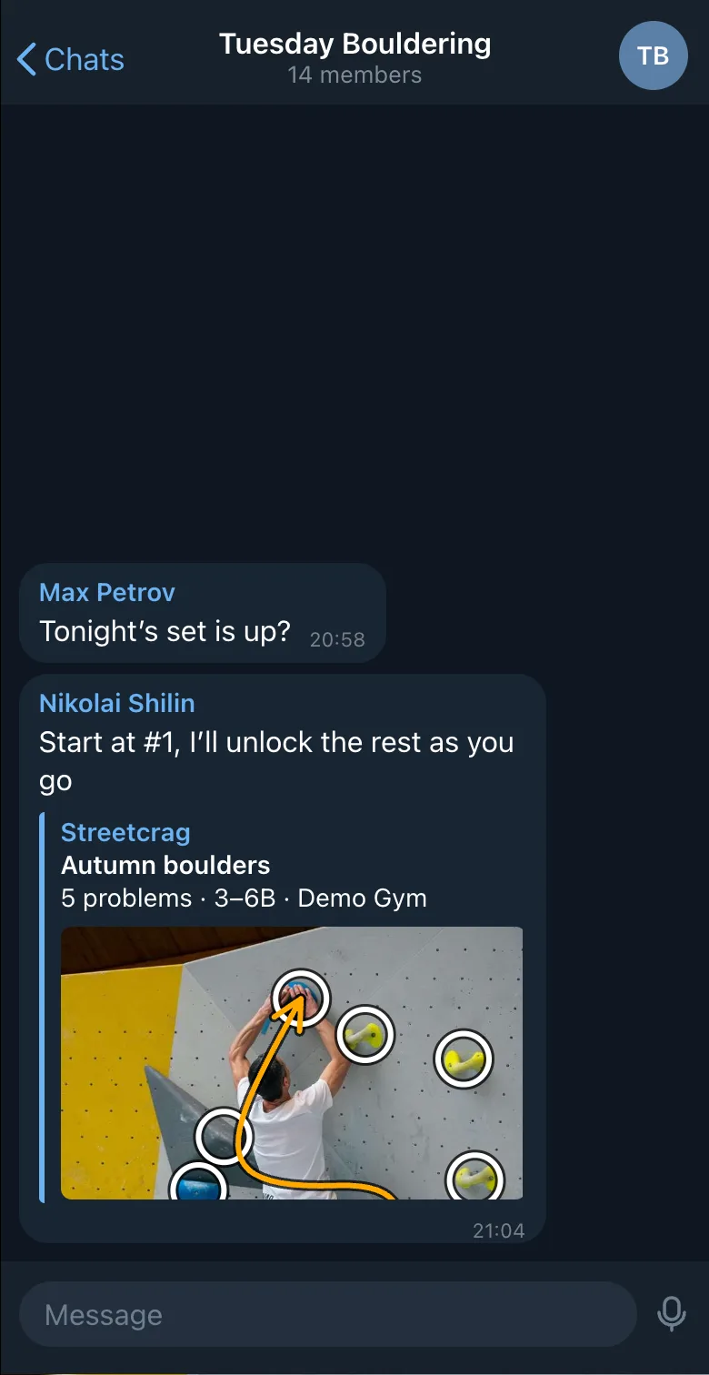 Telegram chat with a link to a set