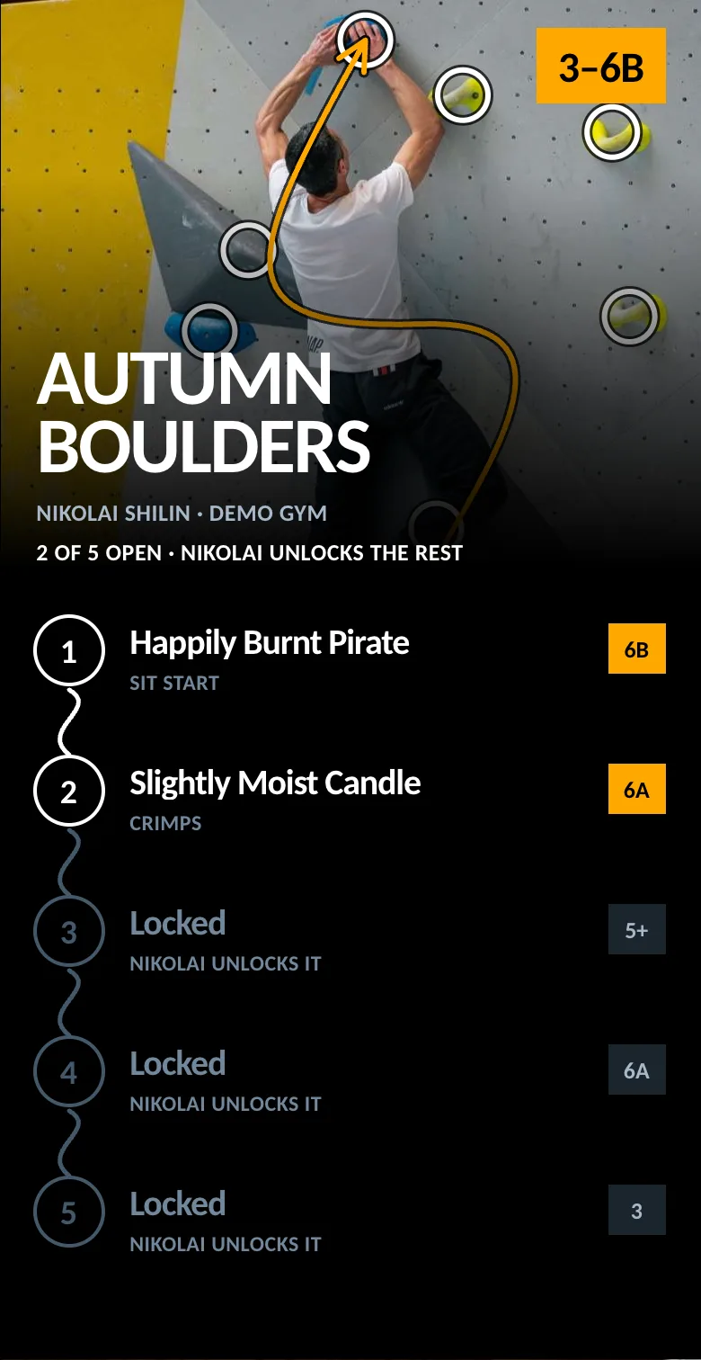 Climber view of a set with locked problems